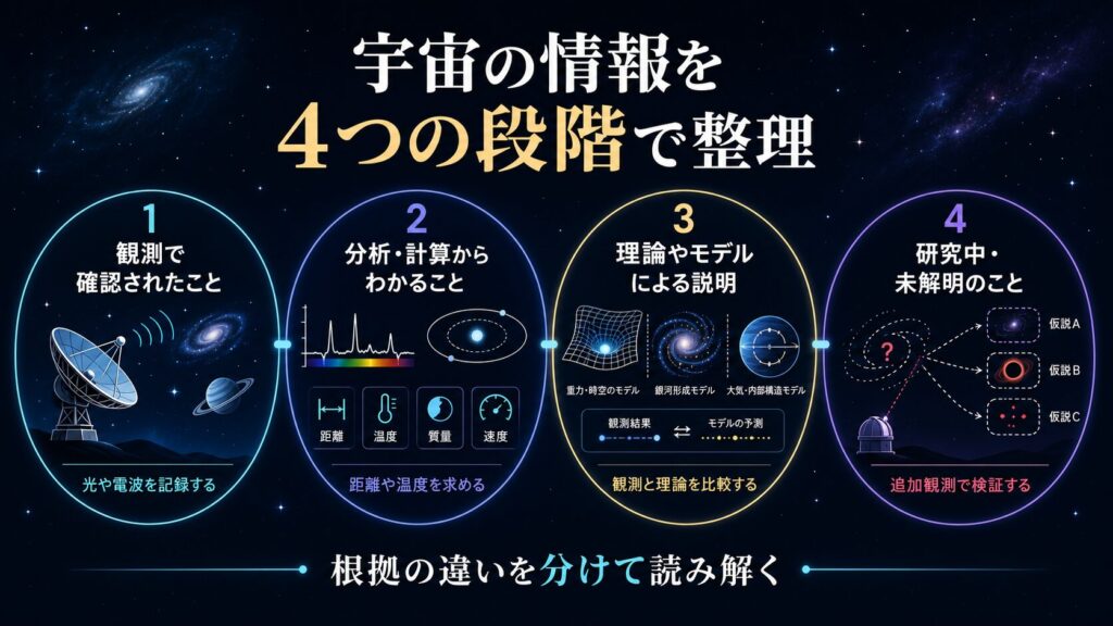 宇宙の情報を観測、分析と計算、理論とモデル、研究中と未解明の4段階に分ける図解