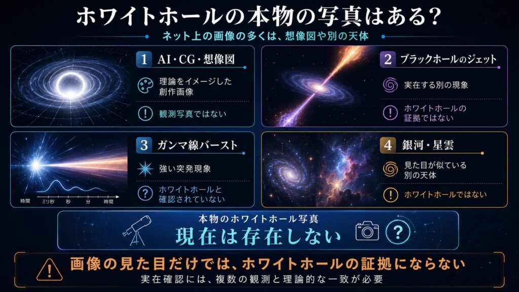 ホワイトホールの写真として使われる想像図、ブラックホールジェット、ガンマ線バースト、銀河を比較した図解