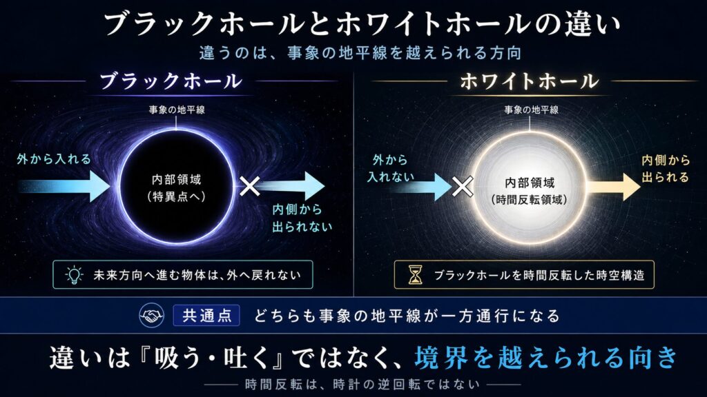 ブラックホールとホワイトホールで事象の地平線を越えられる方向が反対になることを示した図解
