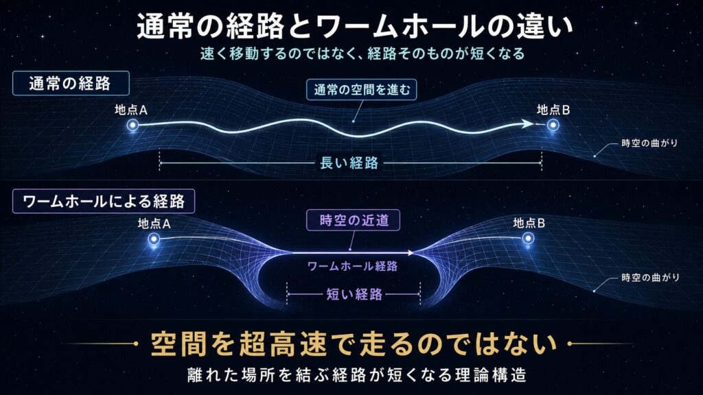 通常の宇宙空間を進む経路とワームホールによる短い経路を比較した図解