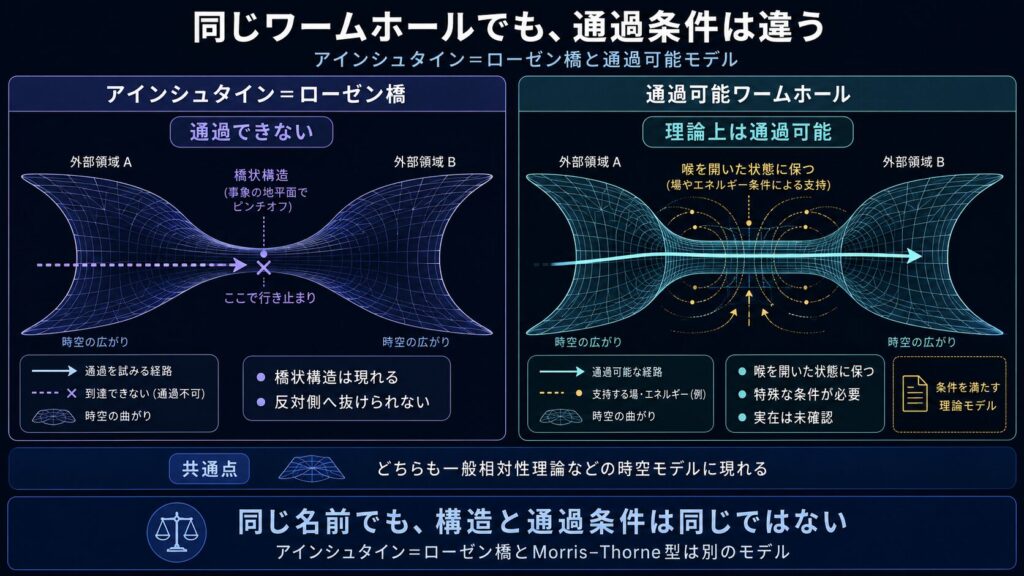古典的なアインシュタイン=ローゼン橋と通過可能ワームホールを比較した図解